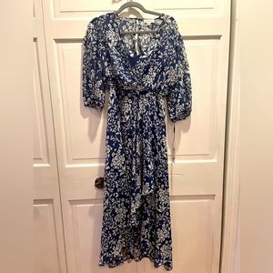 Size 6 shin length, Blue with white flowers, sheer long sleeve, wraparound dress